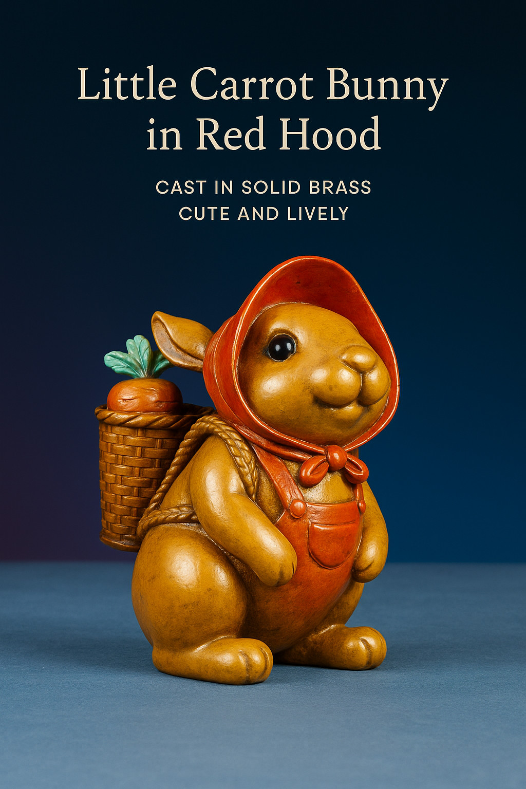 Brass Bunny Figurine with Red Hood and Carrot Basket – Handcrafted Home Decor