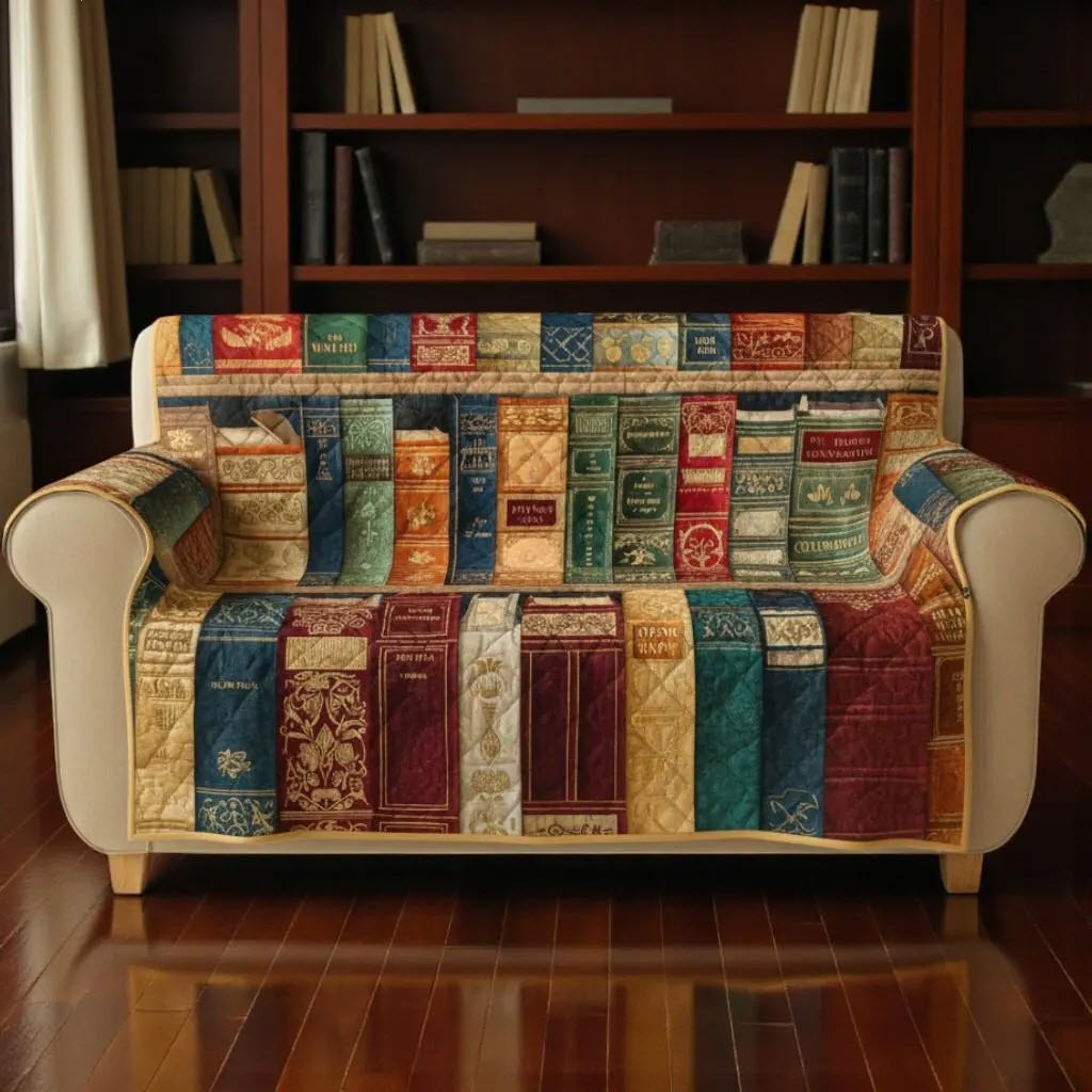 Boho Vintage Bookish Quilted Sofa Cover Retro Bookshelf Xmas Decor Protector