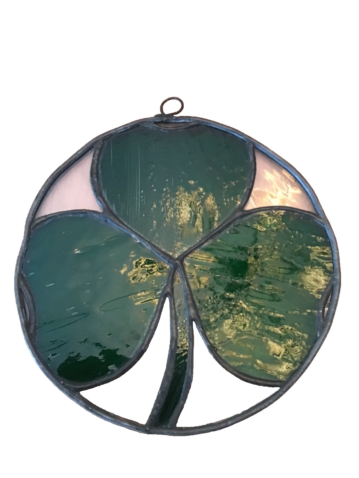 7.5&Prime; ROUND CANED STAINED GLASS SHAMROCK DECORATION HANDMADE IRISH SUNCATCHER EUC