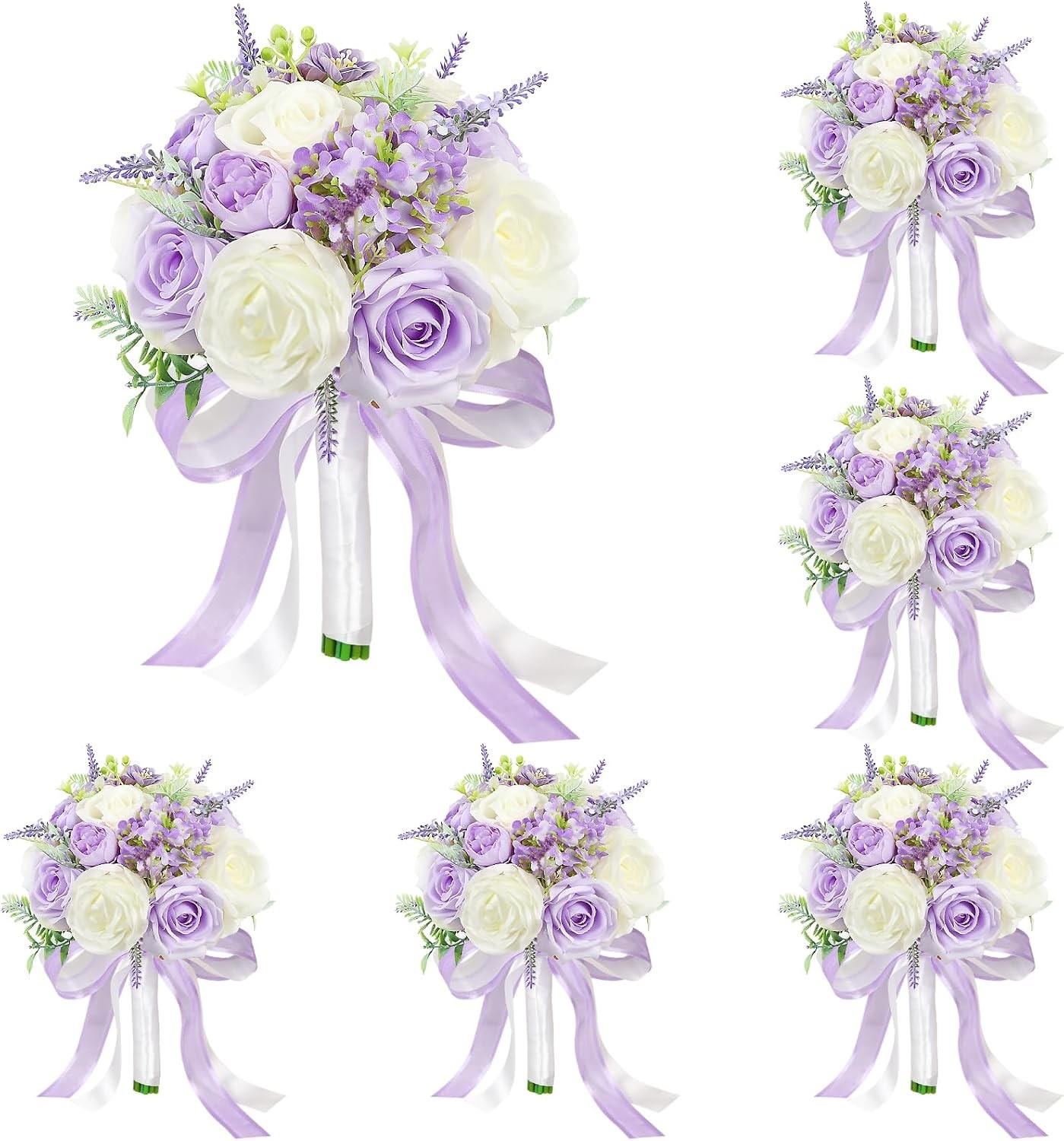 Set of 6 Bridesmaid Bouquets for Wedding – 7 Inch Artificial Flowers Bouquets