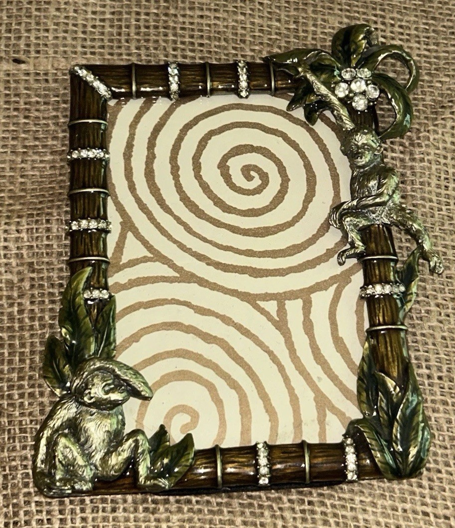VTG Enamel Rhinestone MONKEY & Palm Trees 3.5×5 Photo Picture Frame 4.75”W 6”T
