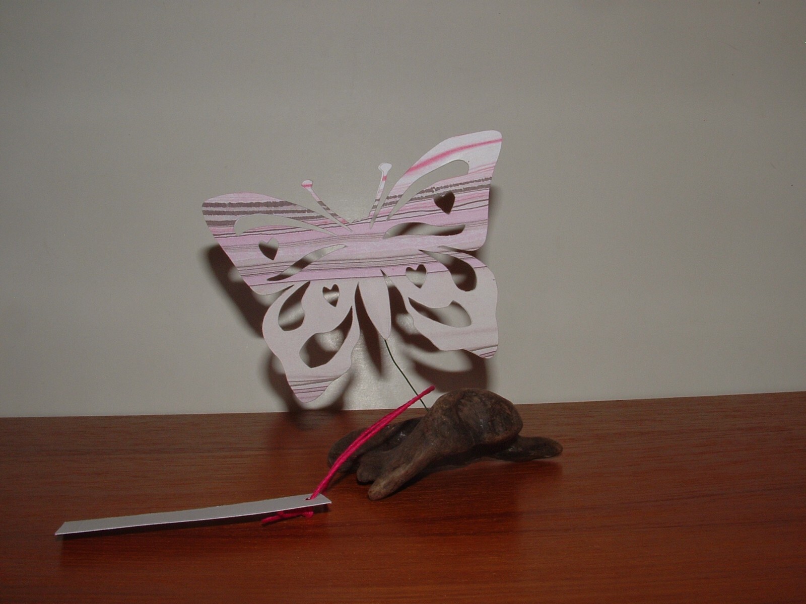 Heart Butterfly Paper Sculpture on Driftwood, Pink-Purple Shades, w/ Gift Tag