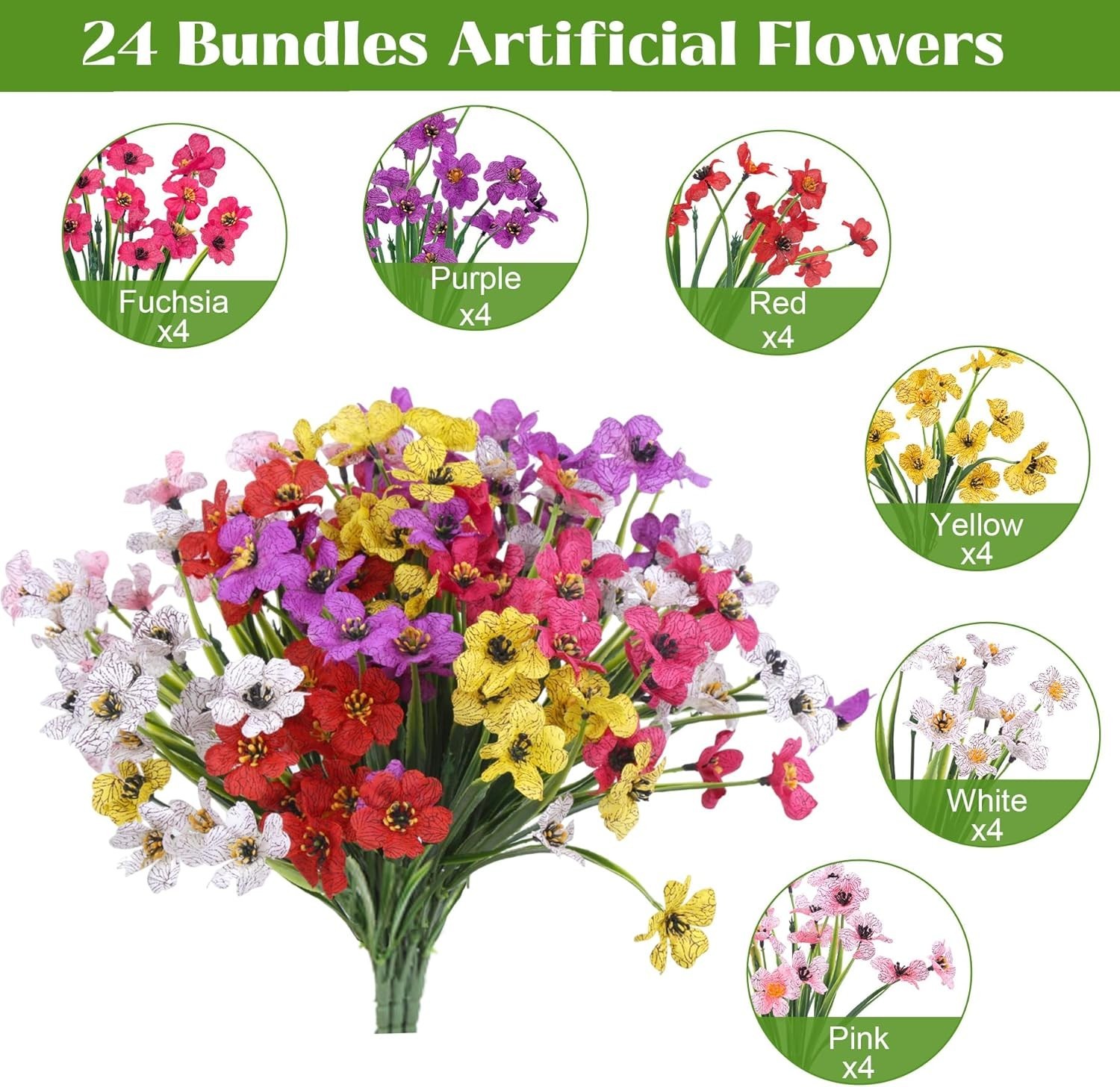 24 Bundles Artificial Flowers for Outdoors Decoration, UV Resistant Mixed Col…