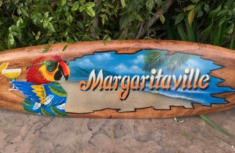 Margaritaville Tropical Parrot Surfboard Wall Plaque Mango Wood 39&Prime;x 10&Prime;