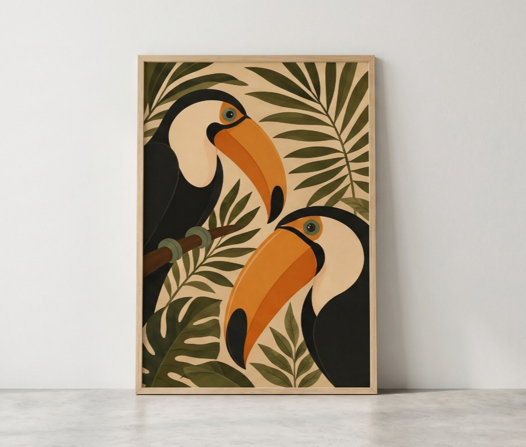 Vintage Toucan Bird Wall Decor Minimalist Tropical Leaves Poster Botanical Print