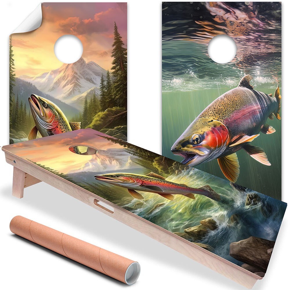 Camping and Blue Lake Fishing Designs Cornhole Wraps Stickers Skins Wraps