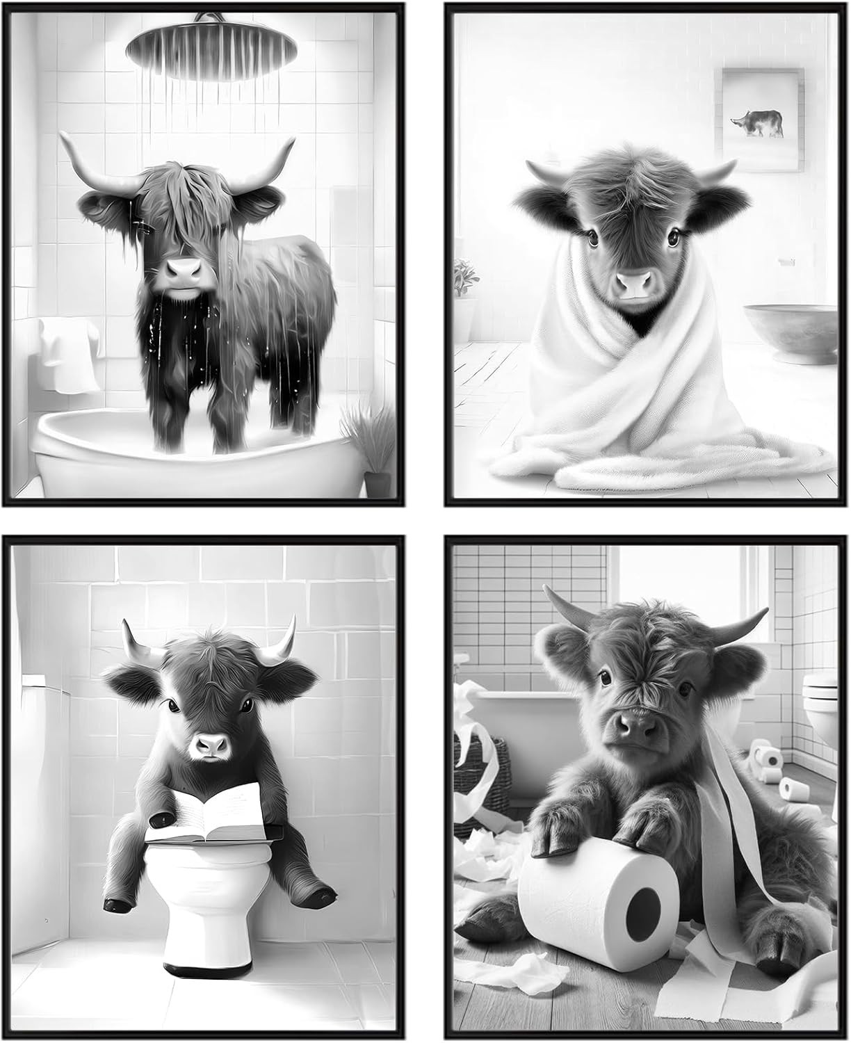 Humorous Black and White Highland Cow Canvas Prints – 8x10in Bathroom Decor