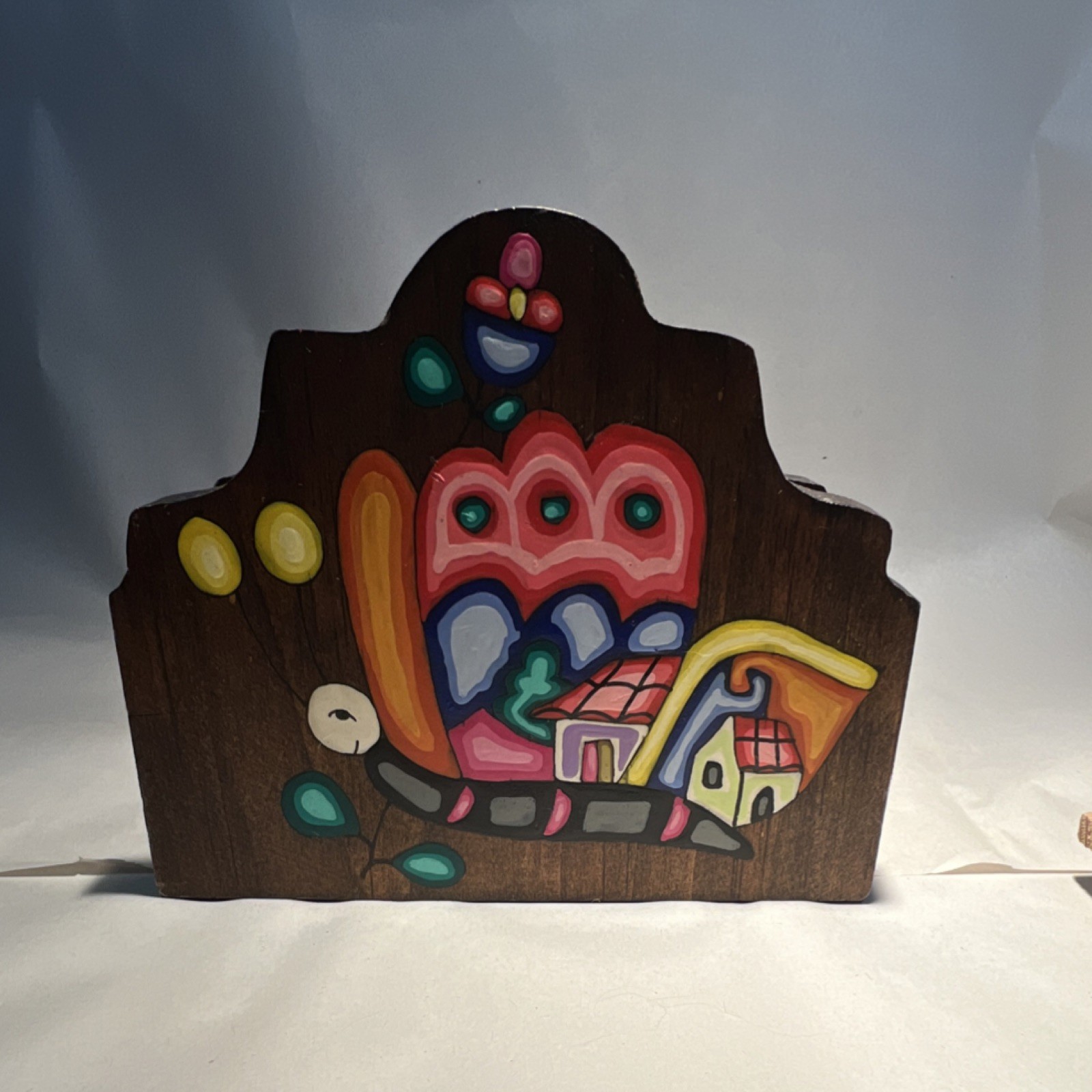 Hand Painted Wood Folk Art napkin holder, Brown Multicolor, 5.75”x 2.5”