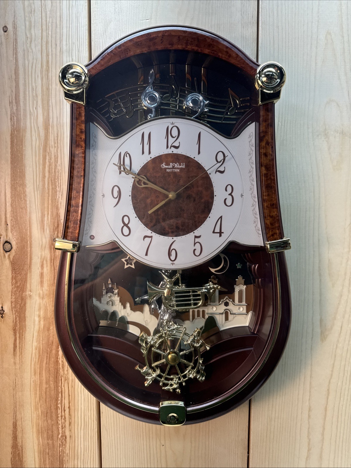 Rhythm Small World Musical Wall Clock 4MH836 Quartz Teardrop Brown Analog Bin AH