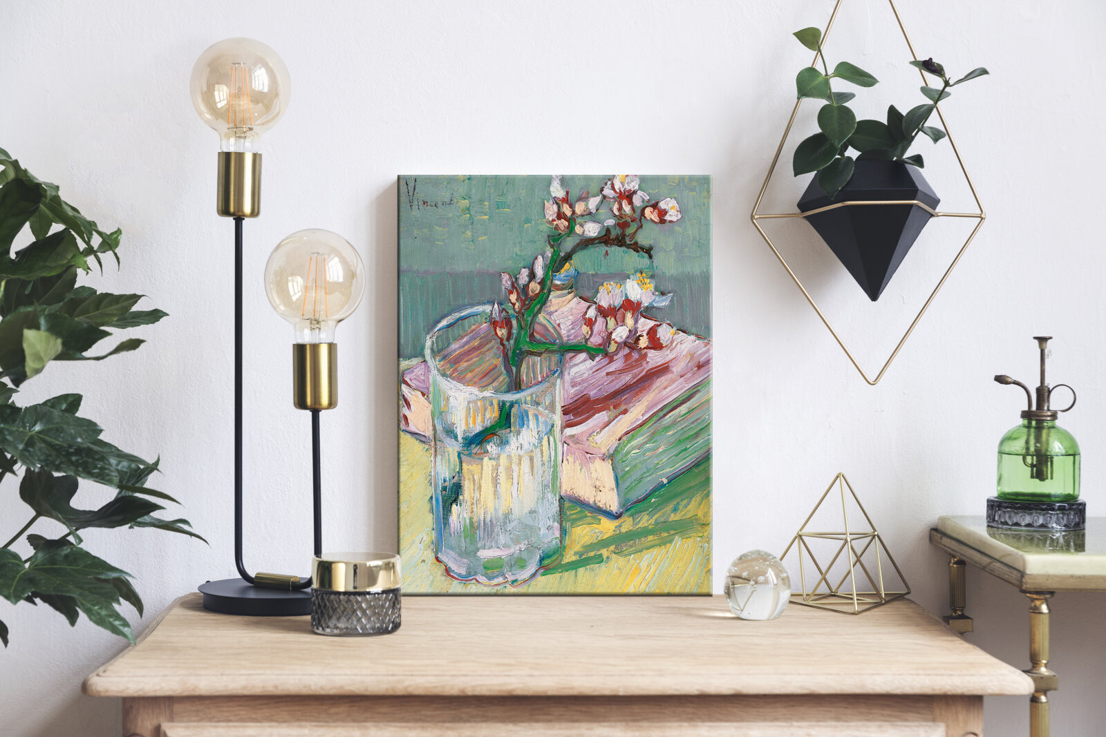 Canvas Prints of Blossoming Almond Branch in a Glass with a Book by Vincent