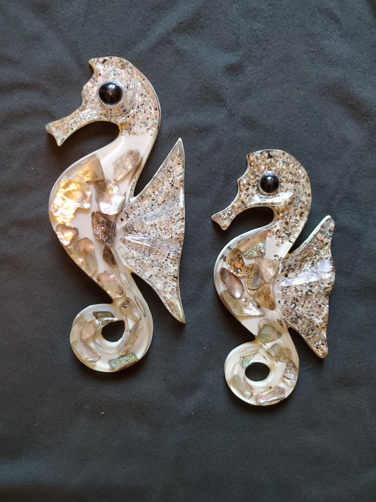 Abalone Shell Lucite Seahorse Wall Art Set 2 Handmade Mid Century 9.5 and 11.5 « 