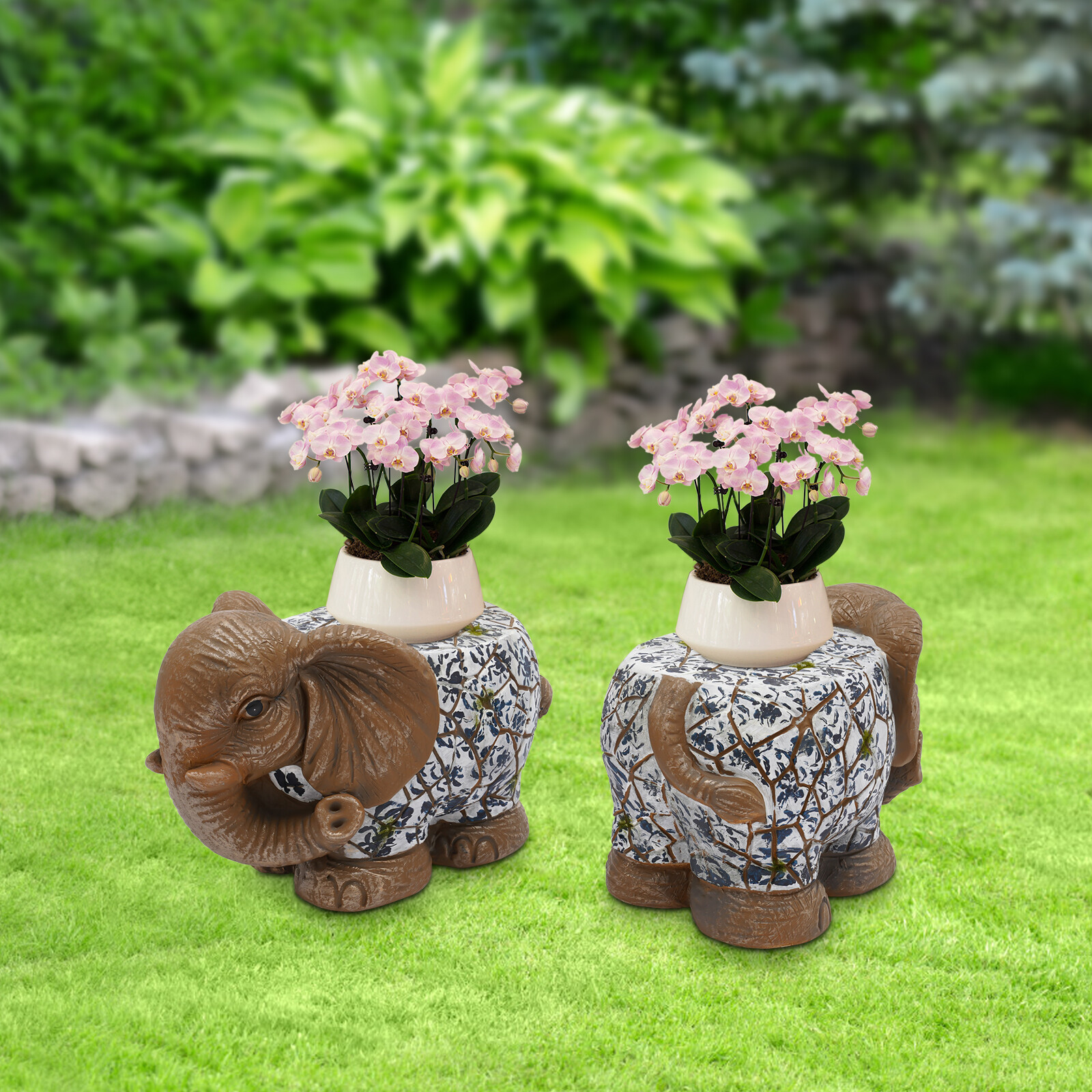 Brown Elephant Ceramic Garden Stool Trunk Up Side Table Glossy Accent 9.06in H
