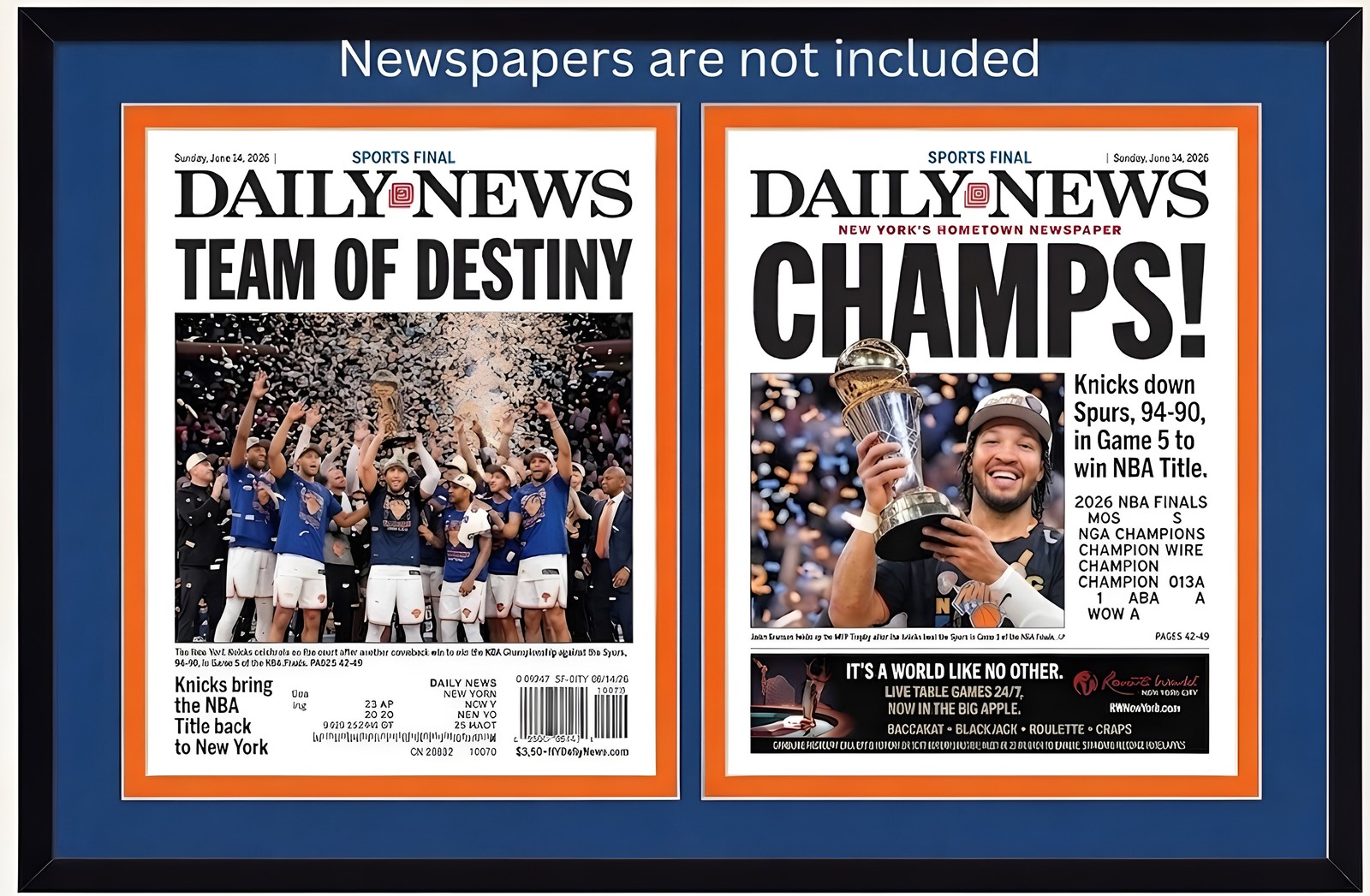 NY Daily News Frame, Holds Two Papers Side by Side, Blue & Orange Mat