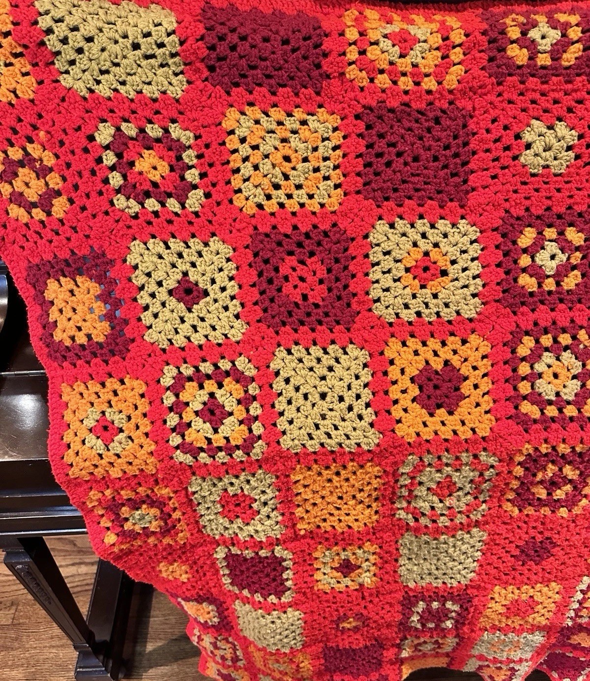 Vintage Hand Crocheted Granny Square Afghan Blanket Red & Orange 43” X 48”
