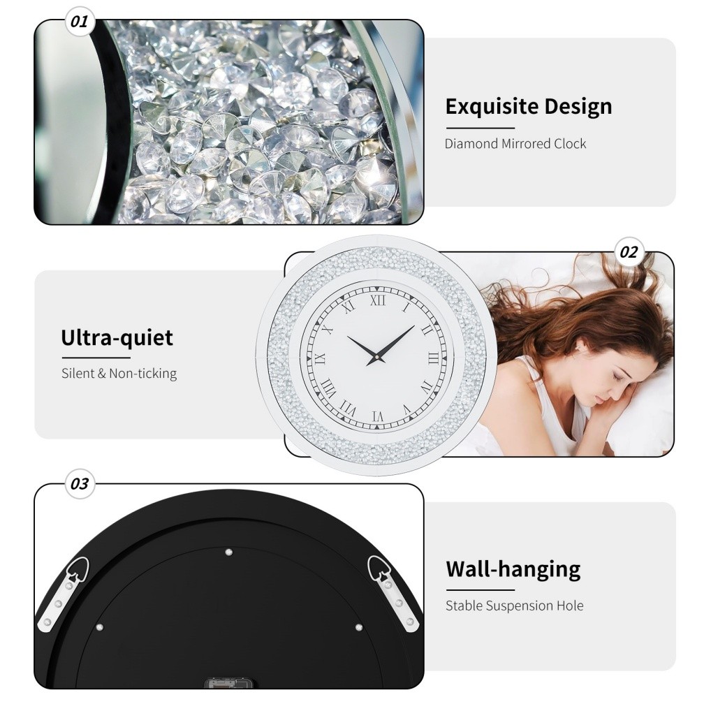 Large Round Mirror Clock 24/32in Crystal Sparkle Bling Crush Diamond Wall Clocks
