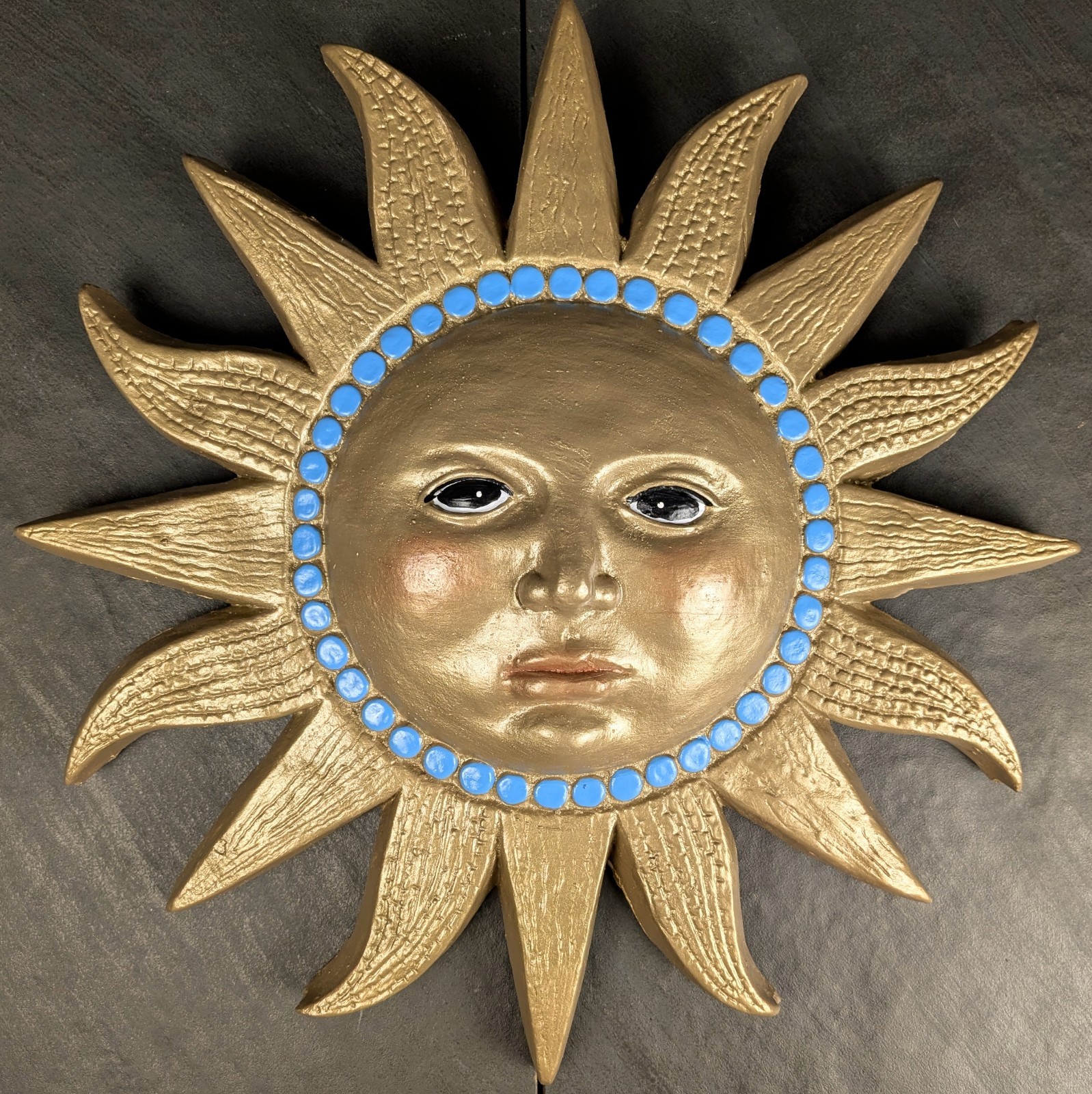 Gold Celestial Chalkware Sun Face Turquoise Dots Wall Decor 11&Prime; Boho Plaster