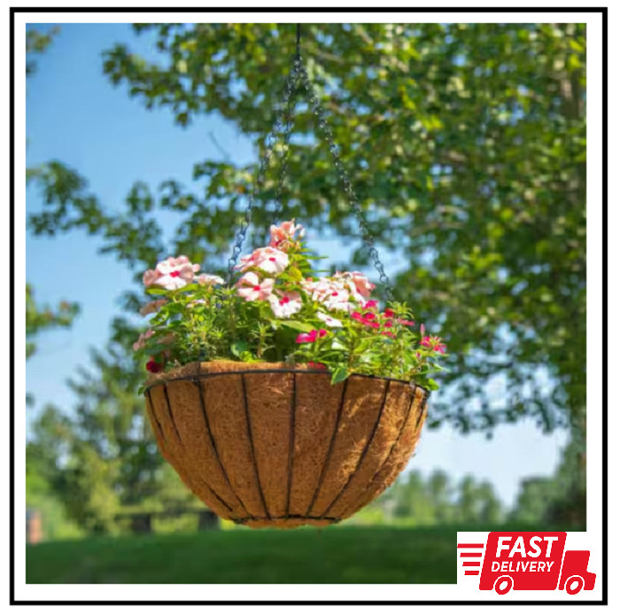 14 In. Dia Black Metal Growers Hanging Basket with Coco Liner