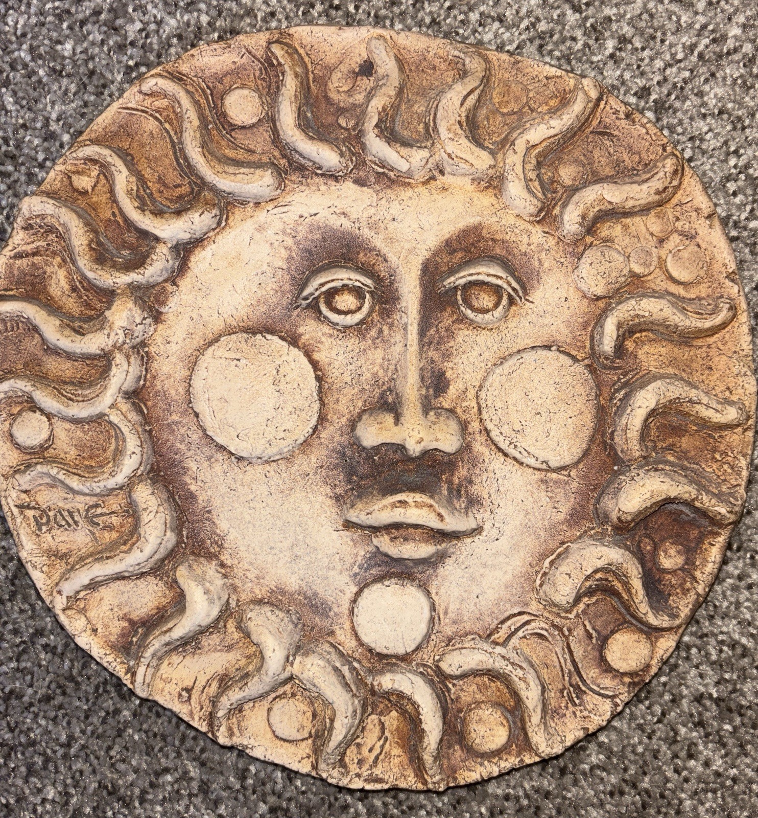 Hand Carved Ceramic Sun Face Wall Art Hanging Decor by Dane Burr, St. Augustine