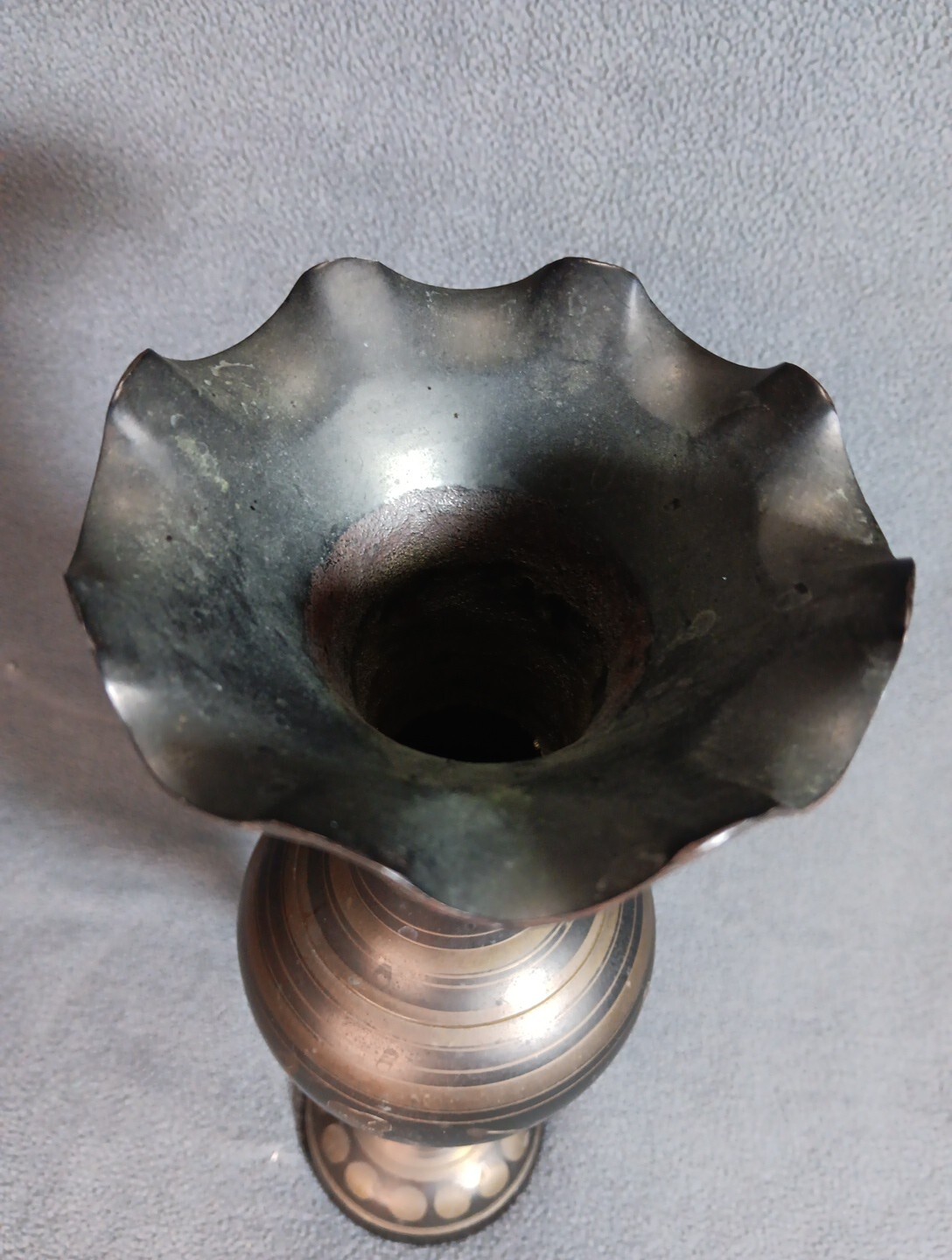 Vintage Brass Tall Skinny Vase Hand Etched Flowers Made in India 13.5 Inches