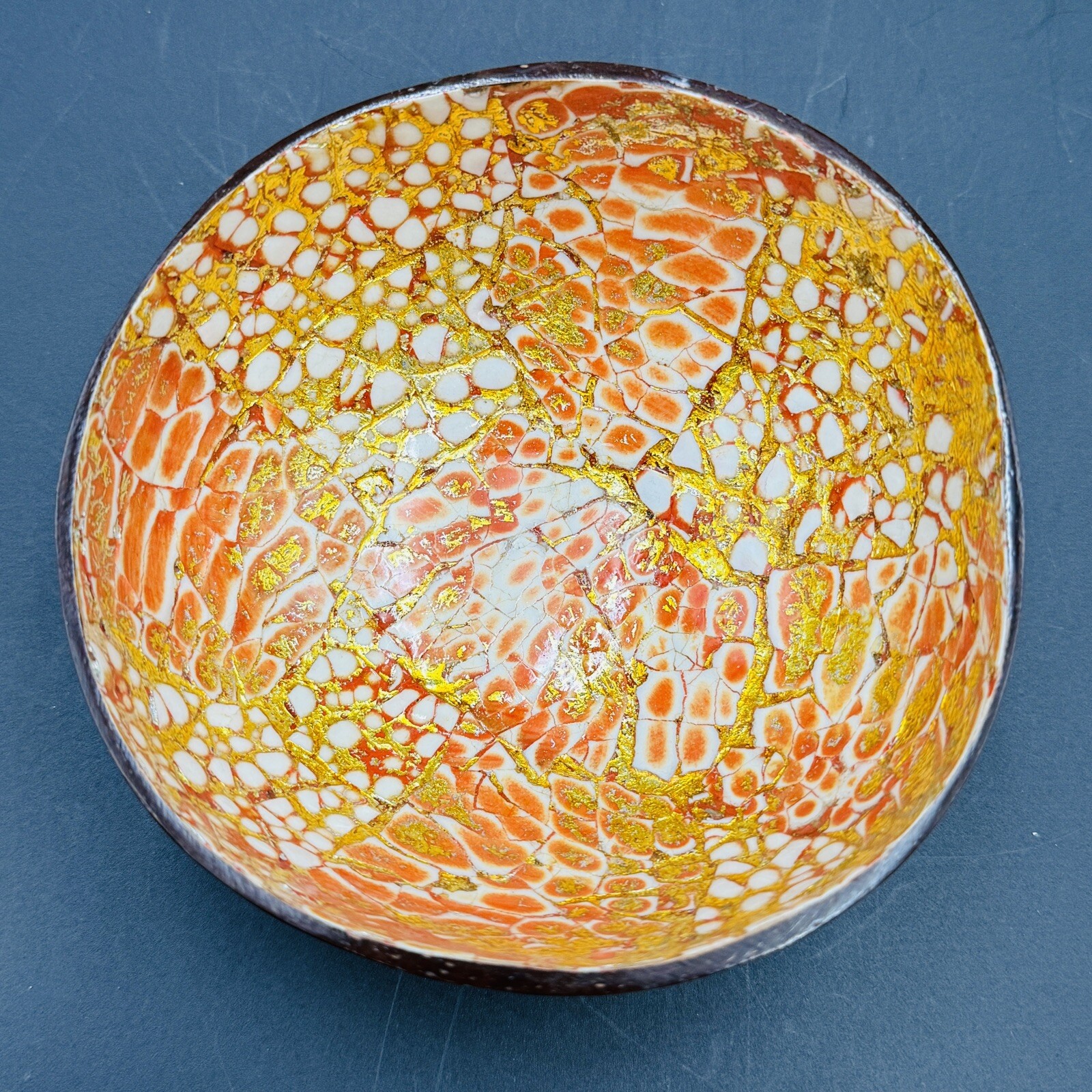 Lacquered Coconut Shell Bowl 5&Prime; Abalone Shell Inlay Tiki Bar Hawaiian Decor Boho