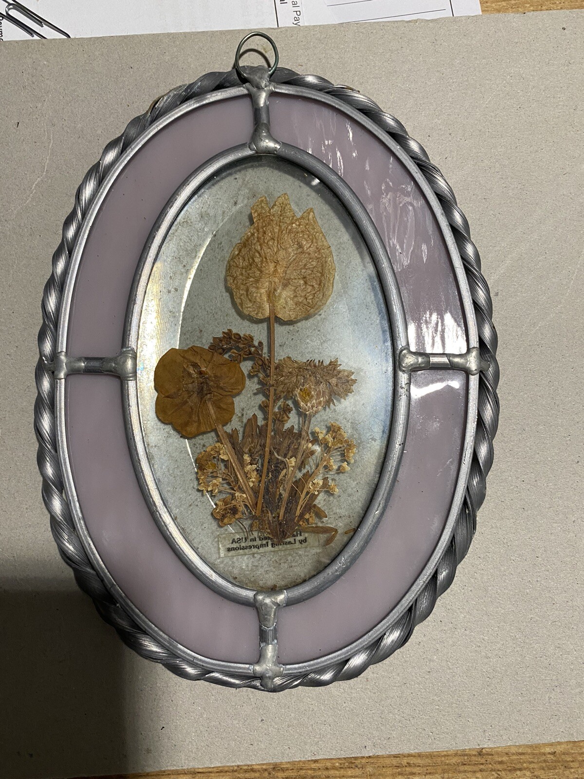 Lasting impressions, Pewter framed Sun Catcher w/ real flowers, Handcrafted 7×5