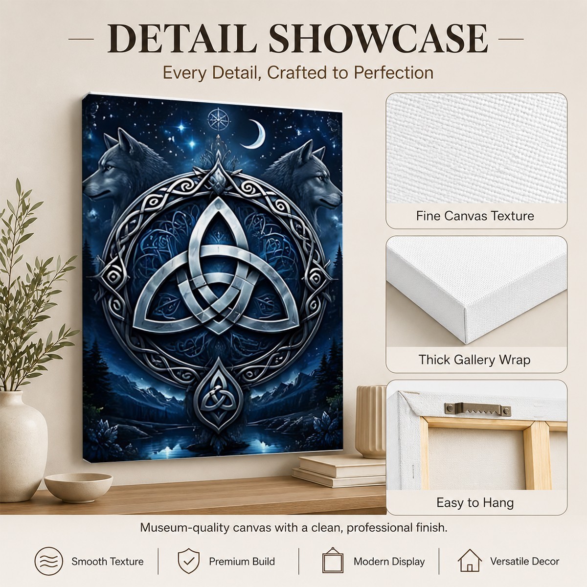 Celtic Wolf Triquetra Canvas Wall Art Norse Moon Symbol Print Pagan Gothic Decor