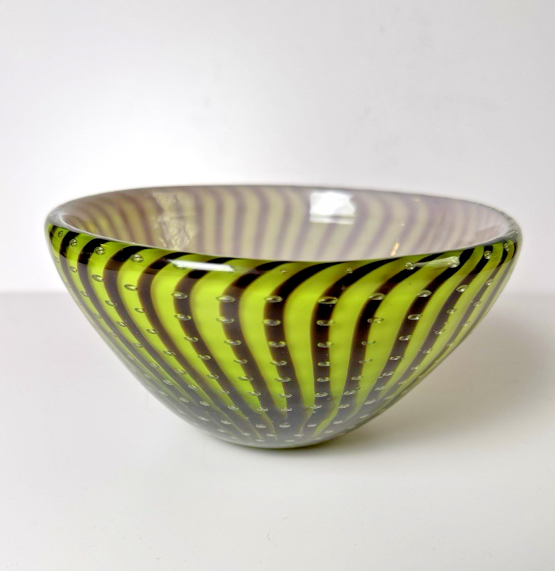 Mid-Century Murano Green and Brown Stripe Art Glass Bowl with Controlled Bubbles