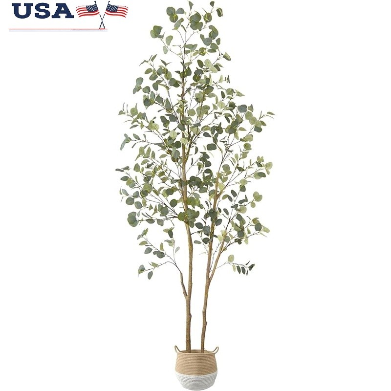 8ft Artificial Eucalyptus Tree Indoor Outdoor Decor Full Green Silk Plant New