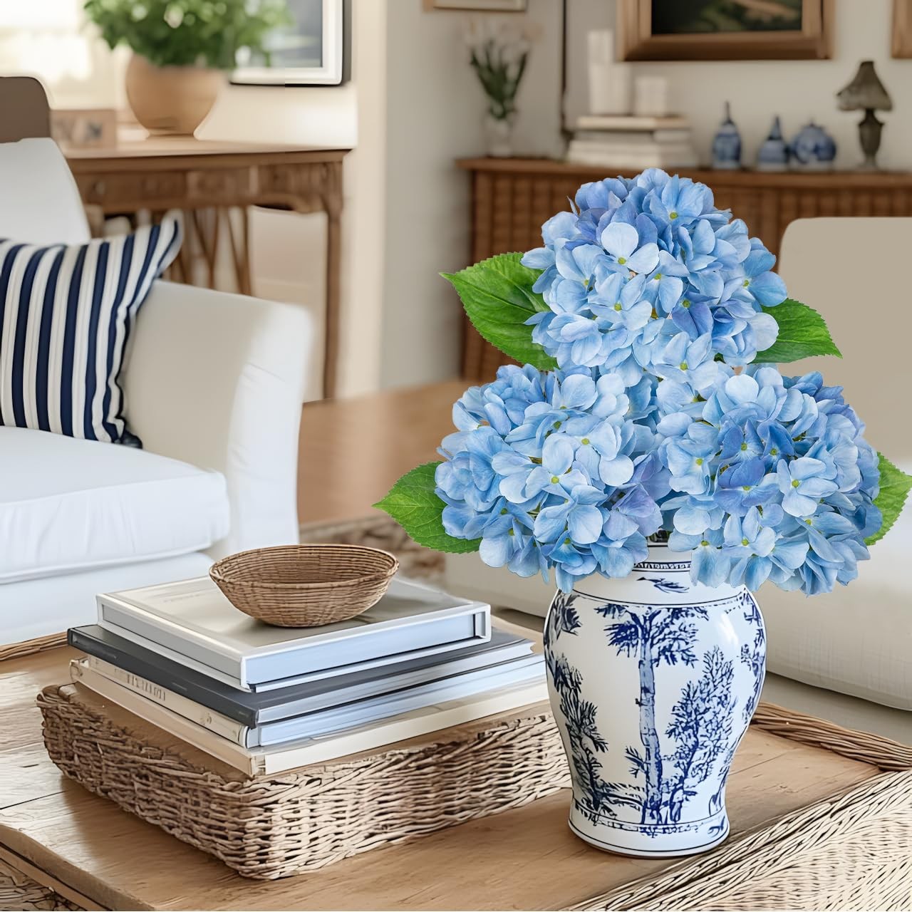 3Pcs Blue Hydrangea Artificial Flowers 19.7 in Real Touch Faux Hydrangea Stem…