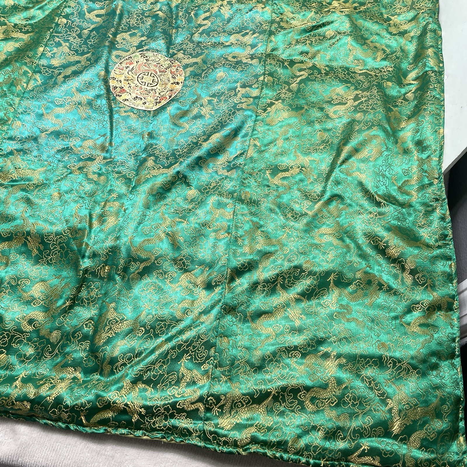 Vintage Asian Chinese Satin Brocade Quilted Throw Blanket Dragon Medallion 56×38