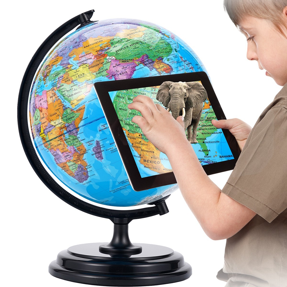 3D AR Large World Globe on Stand 10&Prime; W/USB LED Light 360° Illuminated Night Lamp
