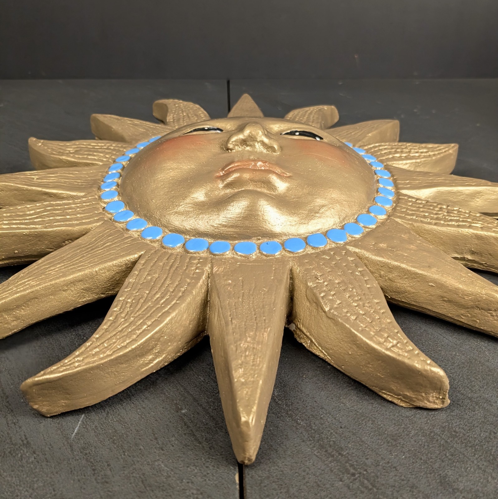 Gold Celestial Chalkware Sun Face Turquoise Dots Wall Decor 11&Prime; Boho Plaster