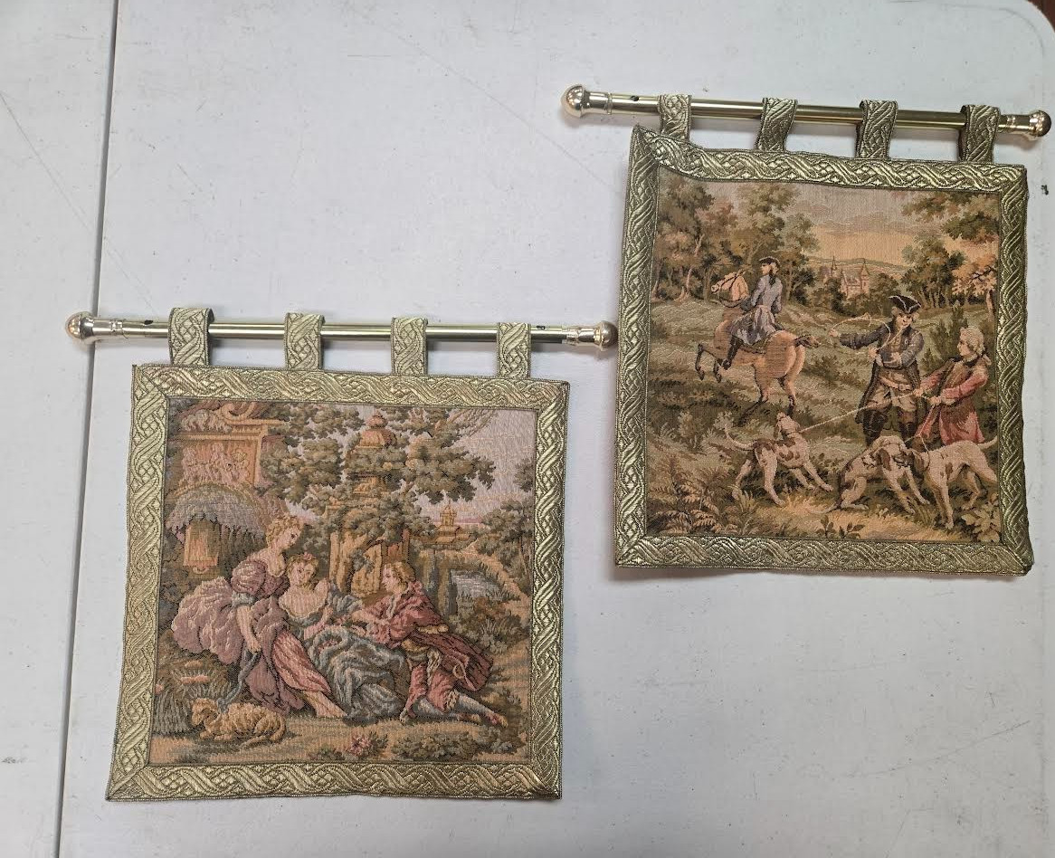 Vtg Rosel Western Germany Pictorial Small Tapestry 10&Prime; x 10&Prime;– LOT OF 2 –W/Rods