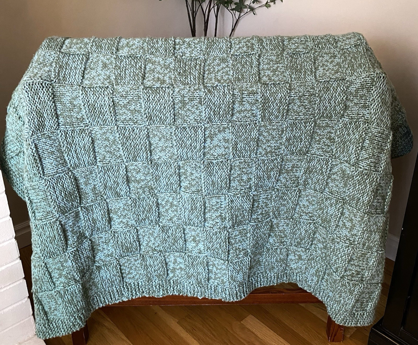 Handmade Knitted Basket Weave Chunky Throw Blanket Modern Retro Blue/Green 53×44
