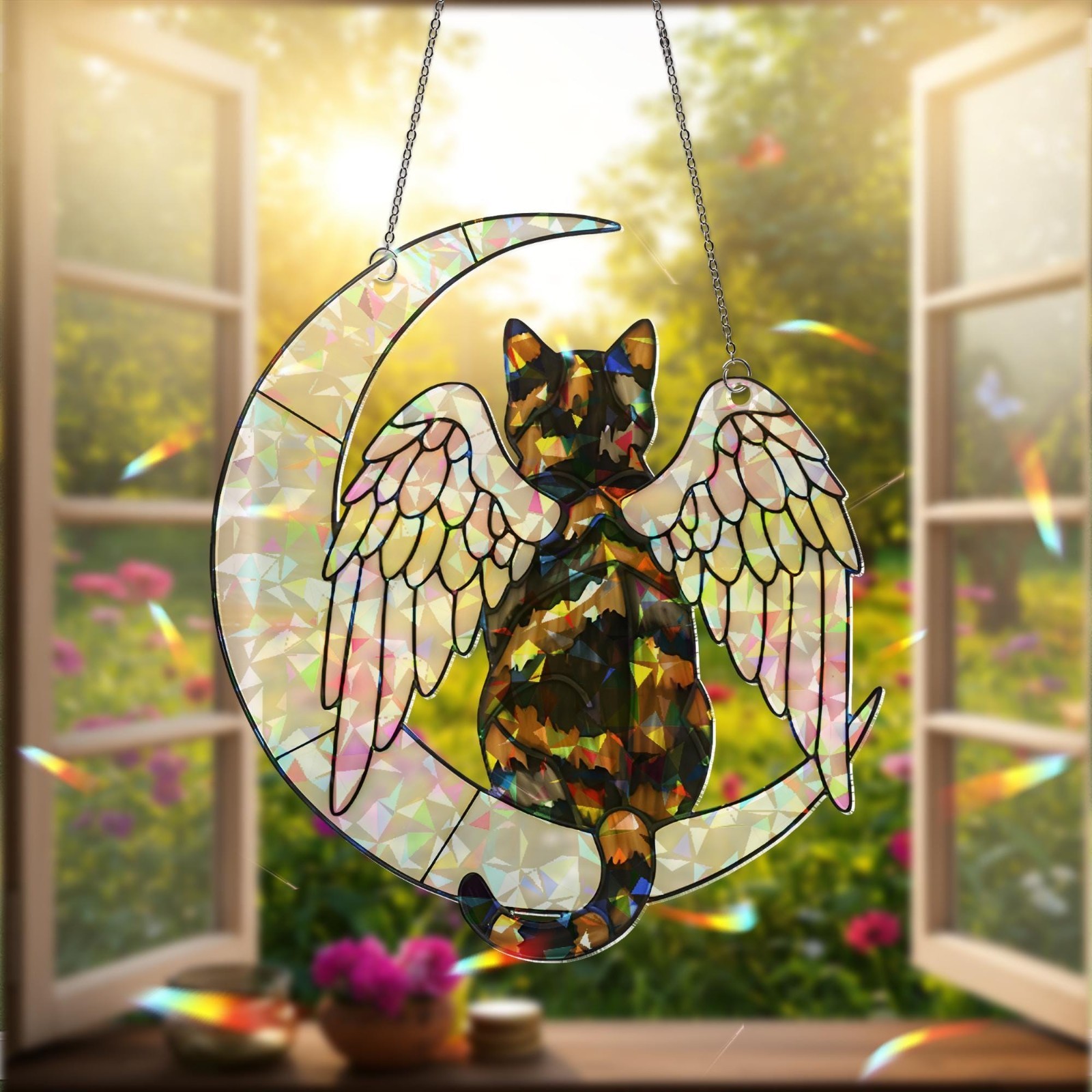 Angel Tortoiseshell Cat on Moon: Hologram Window Hanging,Decor