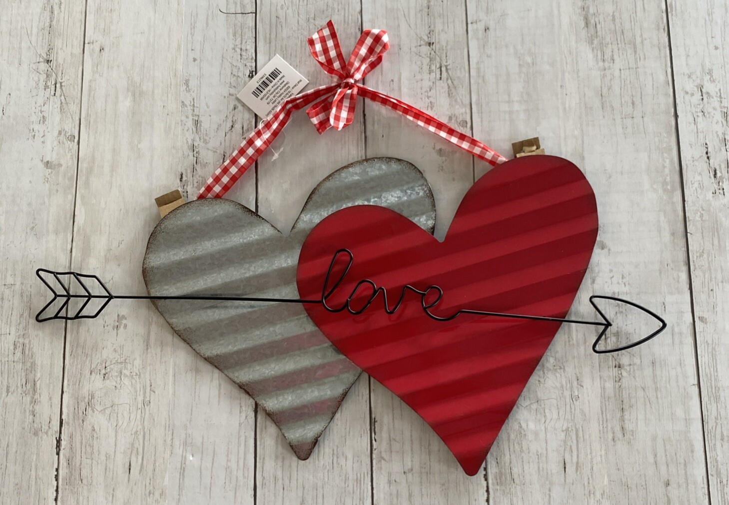 Valentines Day Galvanized Rustic Metal Sign Double Heart “Love” Arrow 19.6”x10.4
