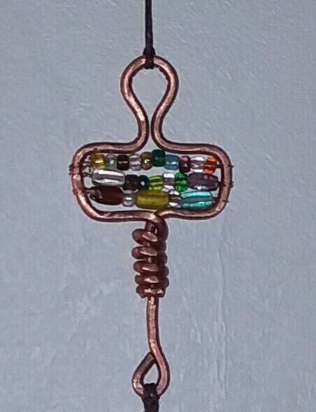 Hand Crafted Wind Chime Hammered Solid Copper Hanger Multi Color Glass Beads 11&Prime;
