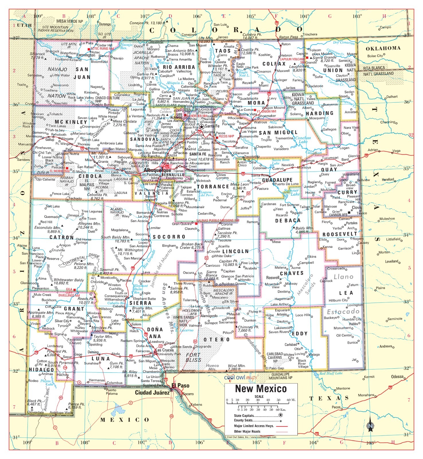 New Mexico State Wall Map Large Print Poster – 24&Prime;Wx26&Prime;H