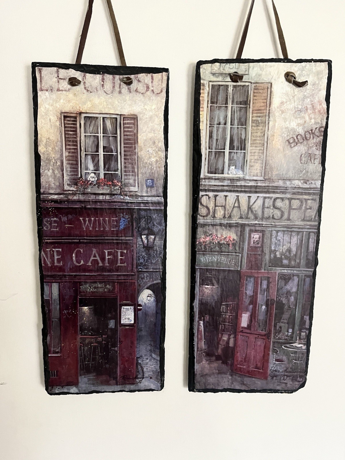 Set of 2 Hanging Slate Wall Plaques French Paris Café & Bookstore Street Scene
