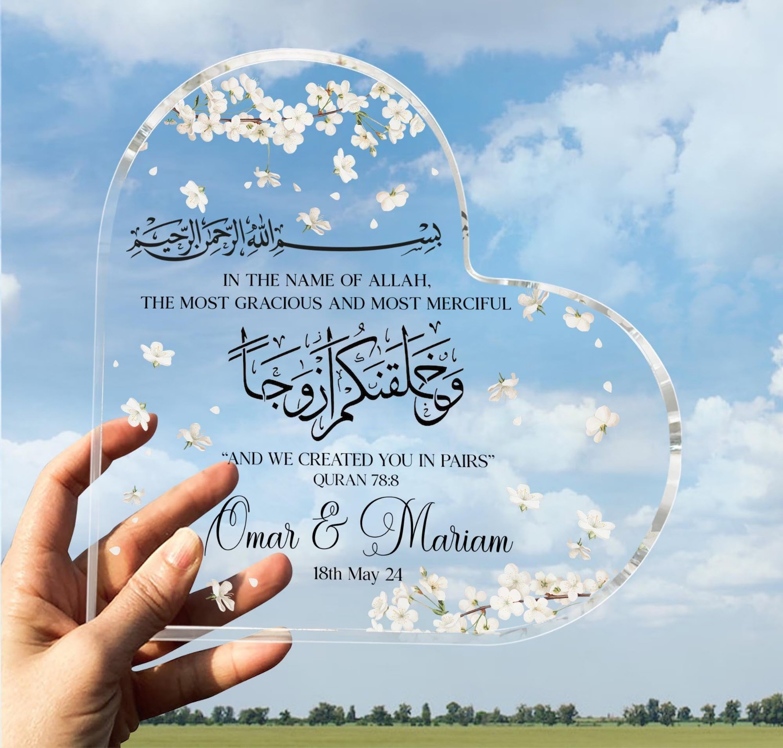 Personalized Muslim Couple Heart Acrylic Plaque Islamic Wedding Anniversary Gift