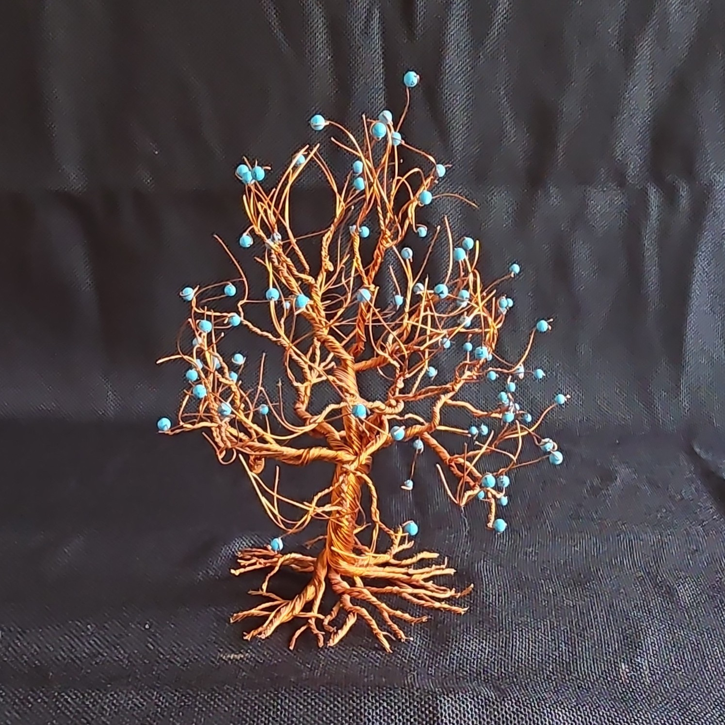Handmade Copper Wire Tree Sculpture with Blue Beads Art Nouveau Nature Decor