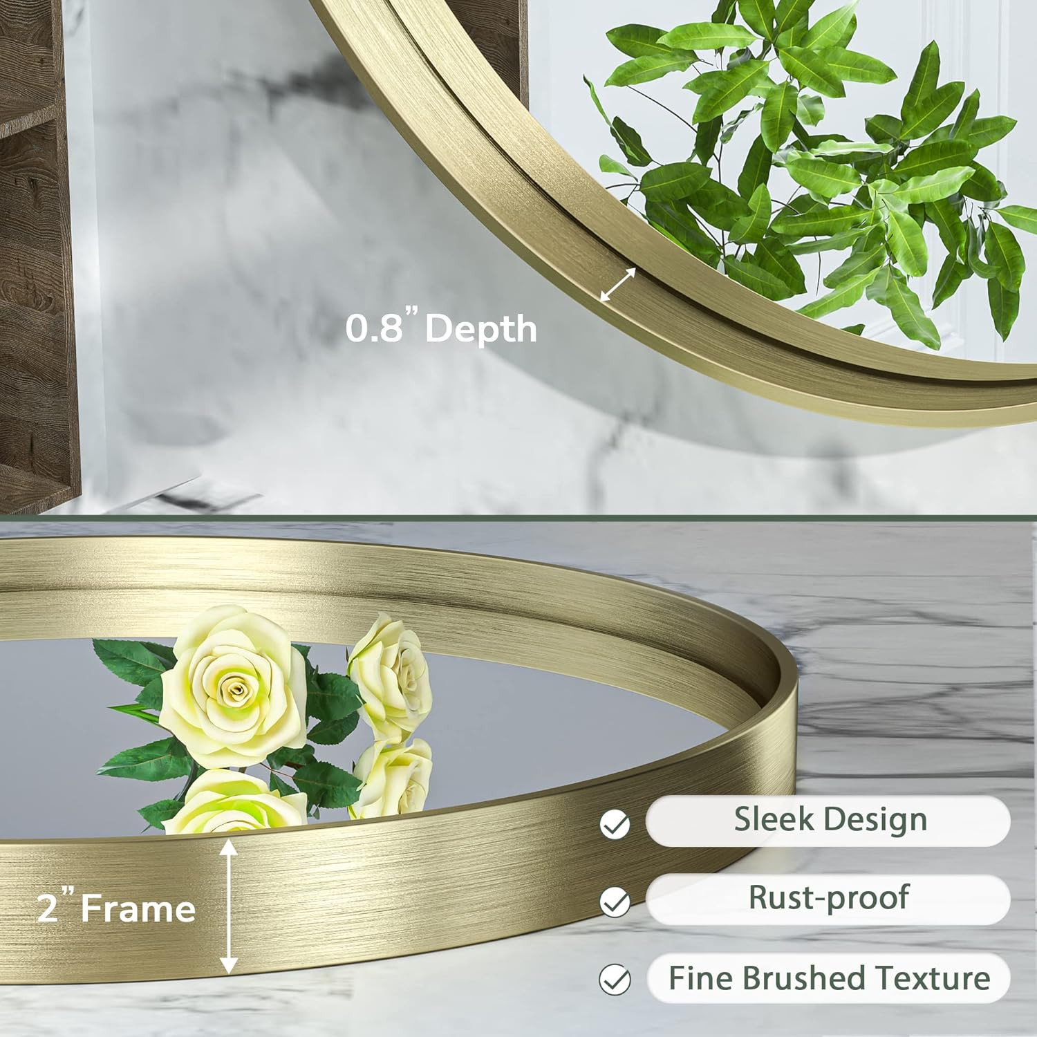 24&Prime; Brushed Gold Round Mirror – Modern Matte Metal Frame for Bathroom Decor