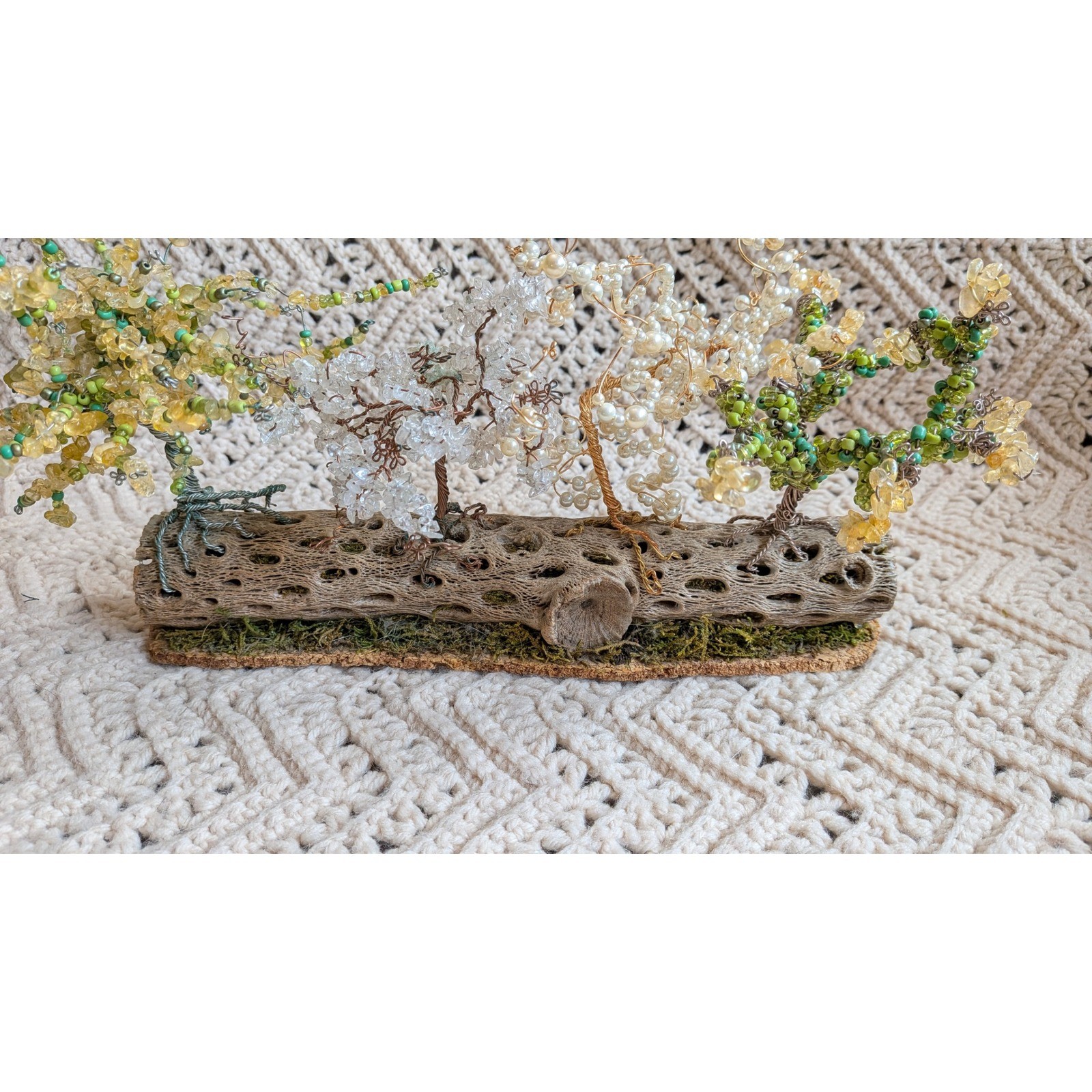 Handmade Wire Gemstone Tree Sculpture on Cholla Wood Base 4 Trees Beaded Art