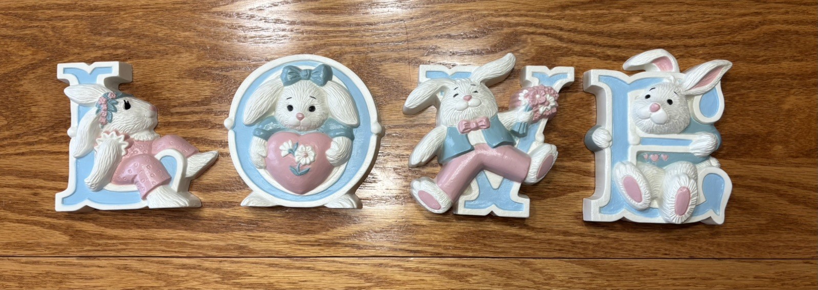 Bunny Rabbit LOVE Wall Hanging Plaque Set 4pc Easter Vintage Burwood Nursery