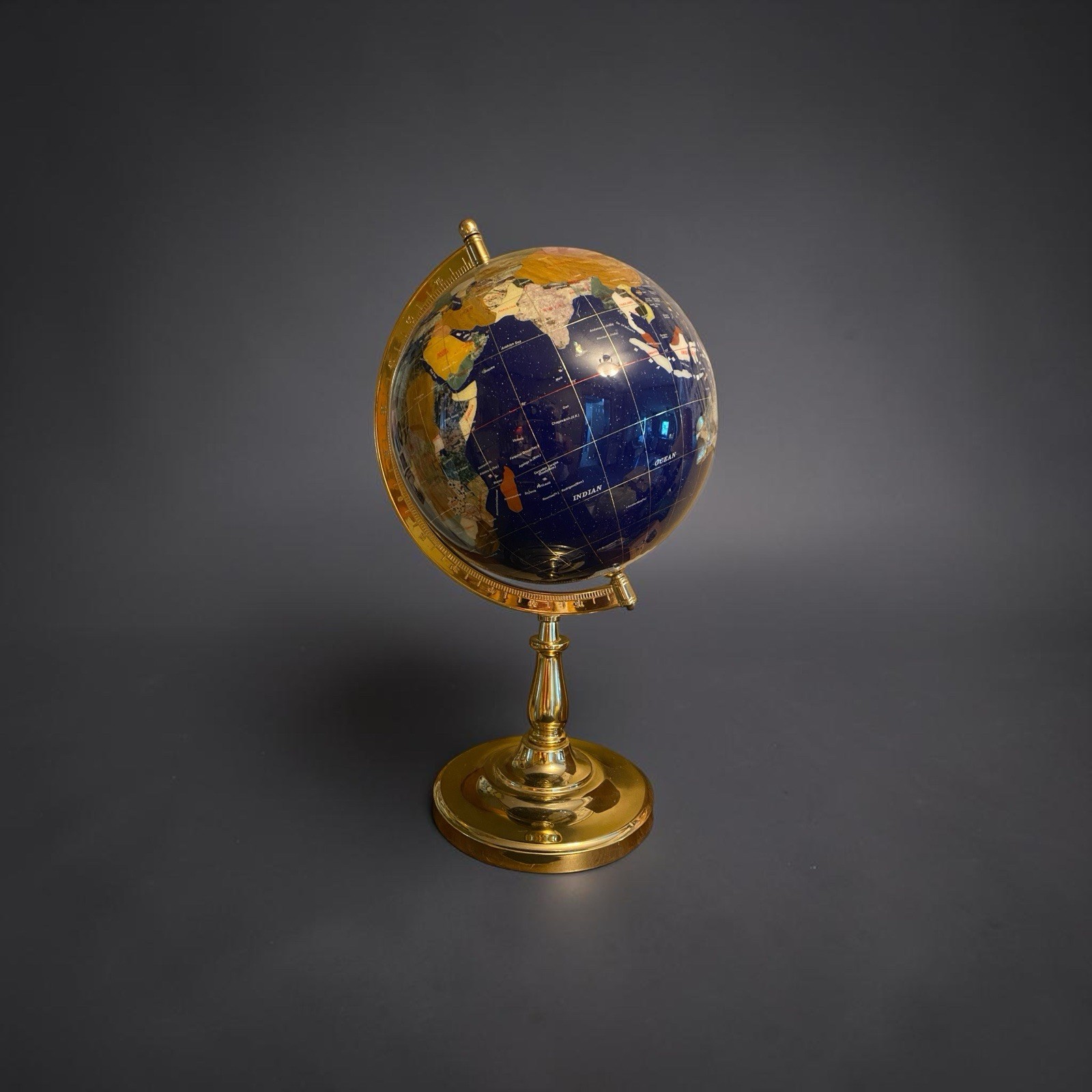 Large 24&Prime; Blue Lapis Gemstone World Globe on Polished Brass Stand