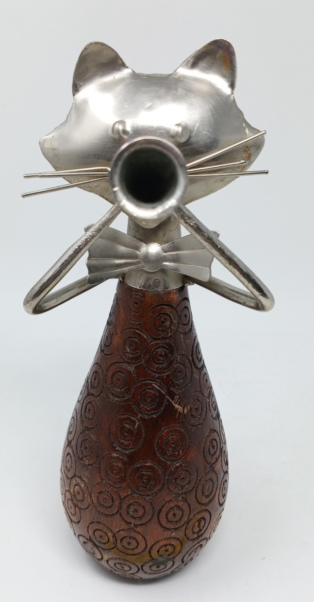 Pier 1 Cat Musician Wood and Metal Horn Player 10&Prime; Tall
