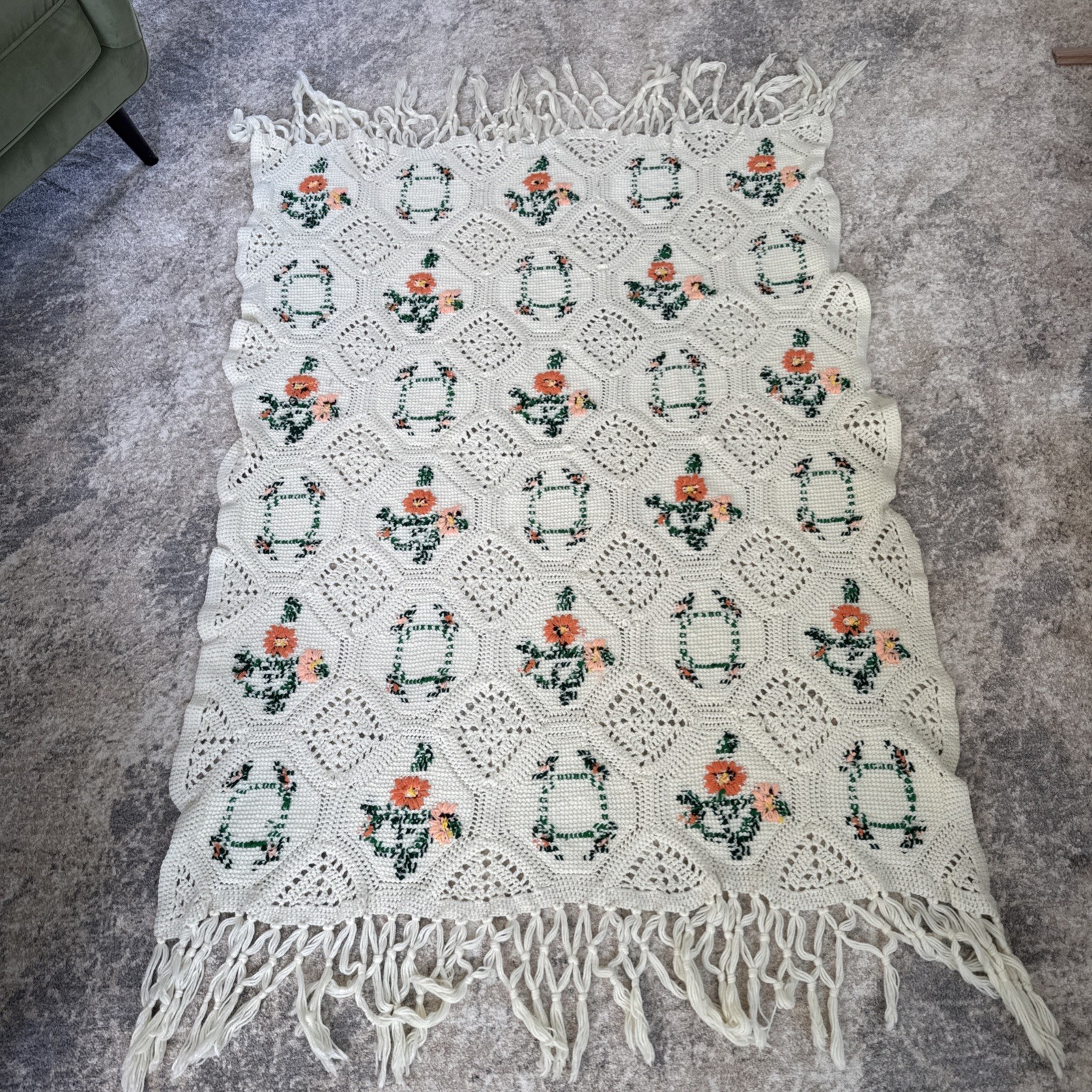 Cream Crocheted Blanket w/ Hexagons Embroidered Peach Floral Designs Fringe Ends