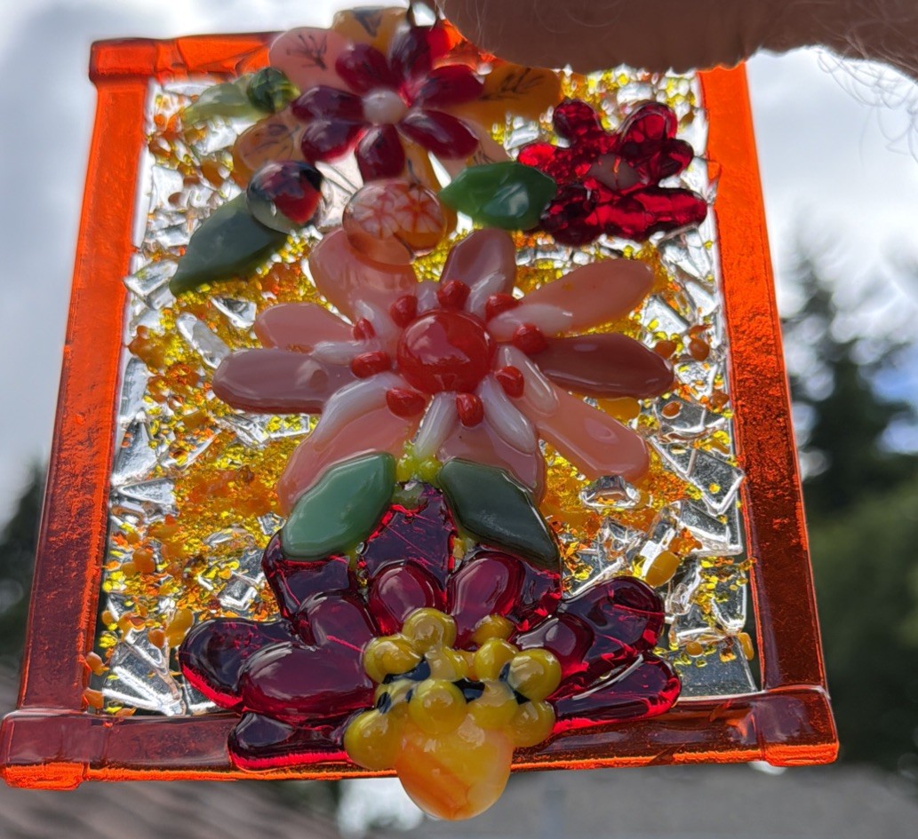 Fused Glass Handmade Flowered Rectangular Multicolor Sun Catcher Signed
