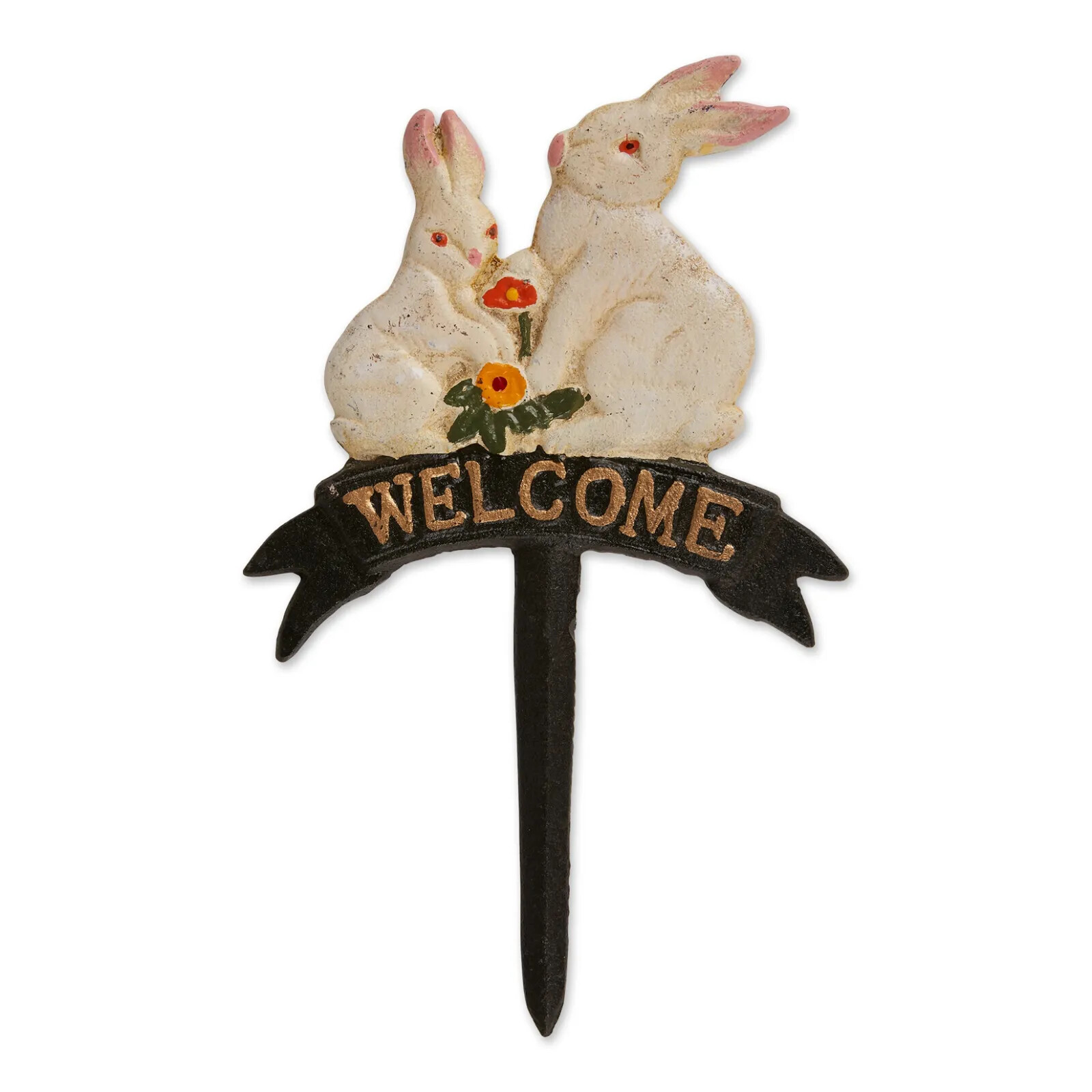 Rabbit Family Garden Stake Welcome Cast Iron Bunnies Yard Lawn Decor 10 3/4&Prime;