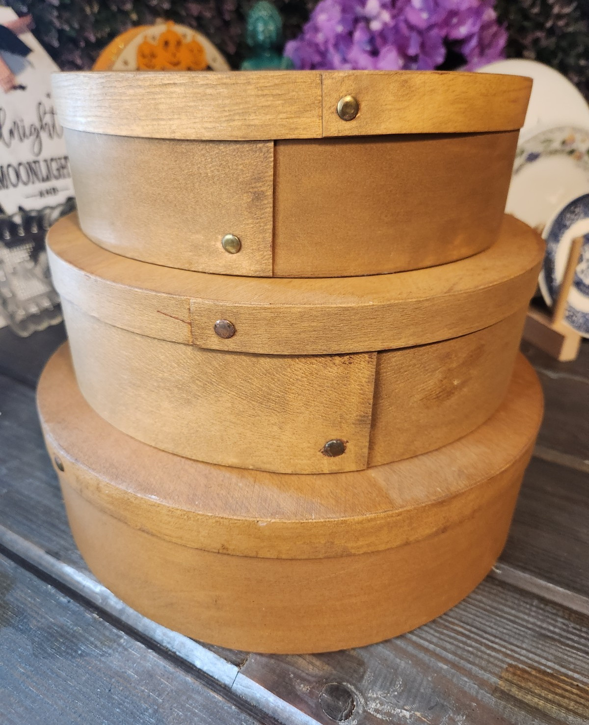 Set of 3 Round Shaker Brown Wood Nesting Boxes with Lids Antique Storage